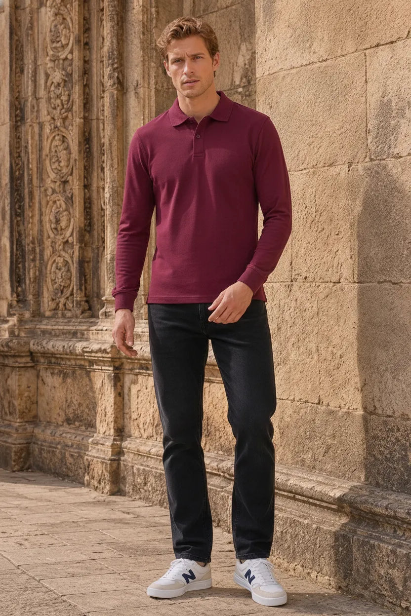 Men’s Merlot Pique Lycra Polo Neck Full-Sleeve Winter T-Shirt