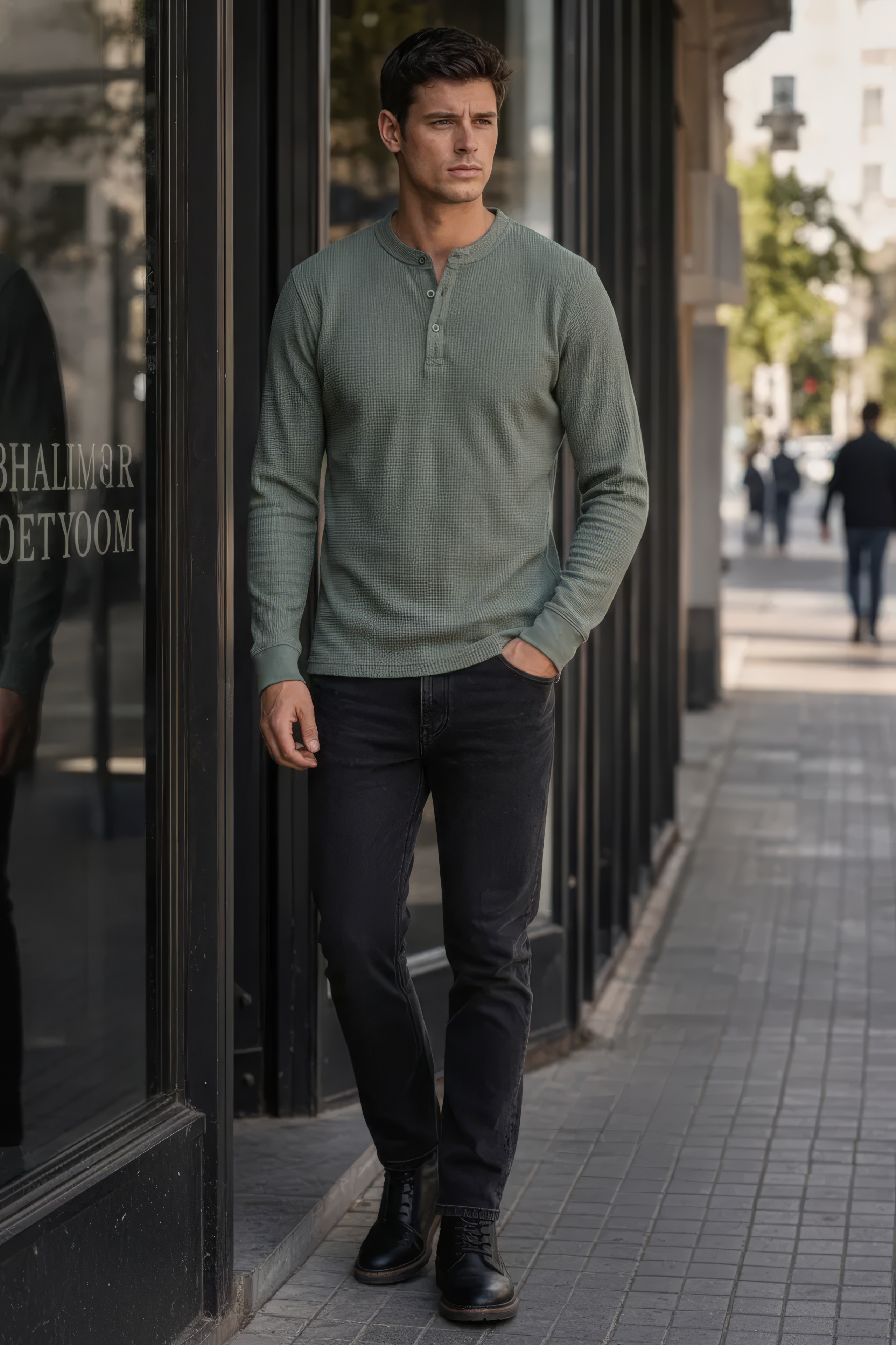 Olive Full Sleeve Mandarin Collar T-Shirt for Men | Cotton Blend Lycra Stretch