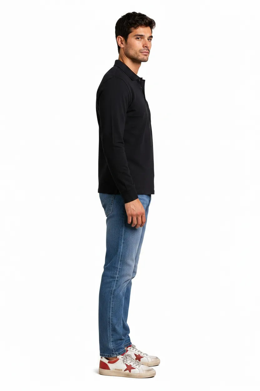 Men's Black Green Full Sleeve Cotton Pique Polo T-Shirt | Premium Pre-Winter Casual Polo
