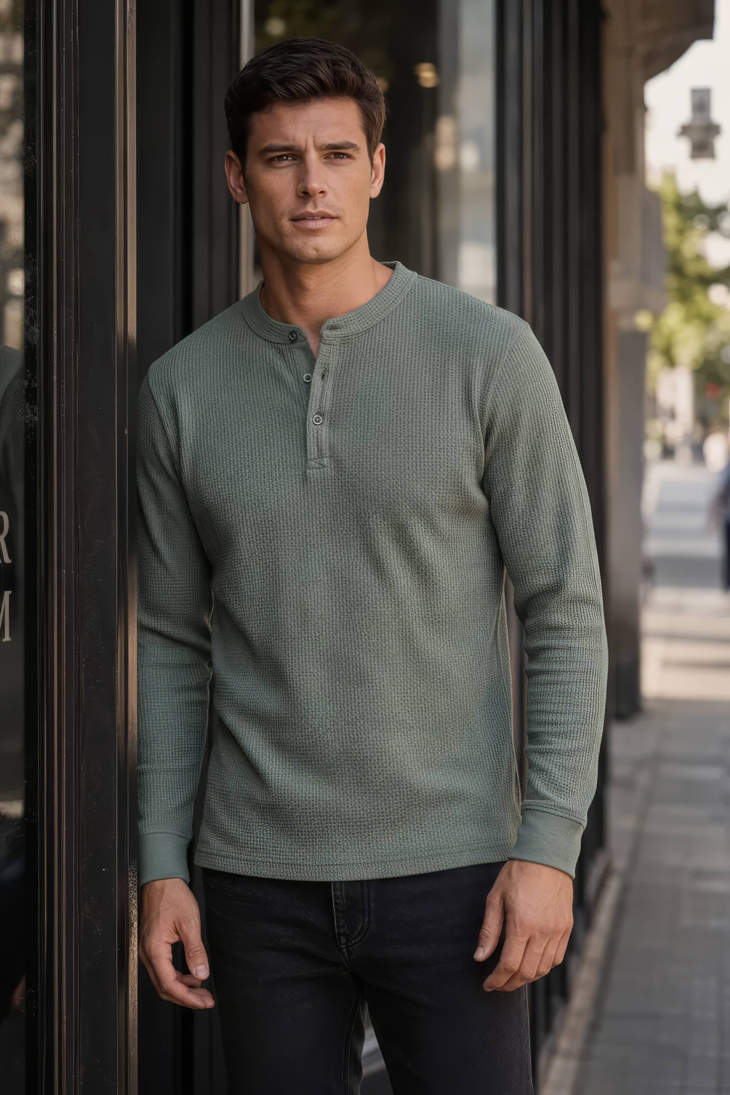 Olive Full Sleeve Mandarin Collar T-Shirt for Men | Cotton Blend Lycra Stretch