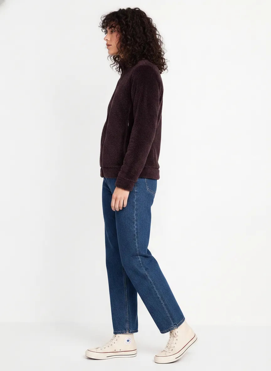 Women’s Wine Coral Fur Full-Zip Sweatshirt with Standing Collar and Side Pockets