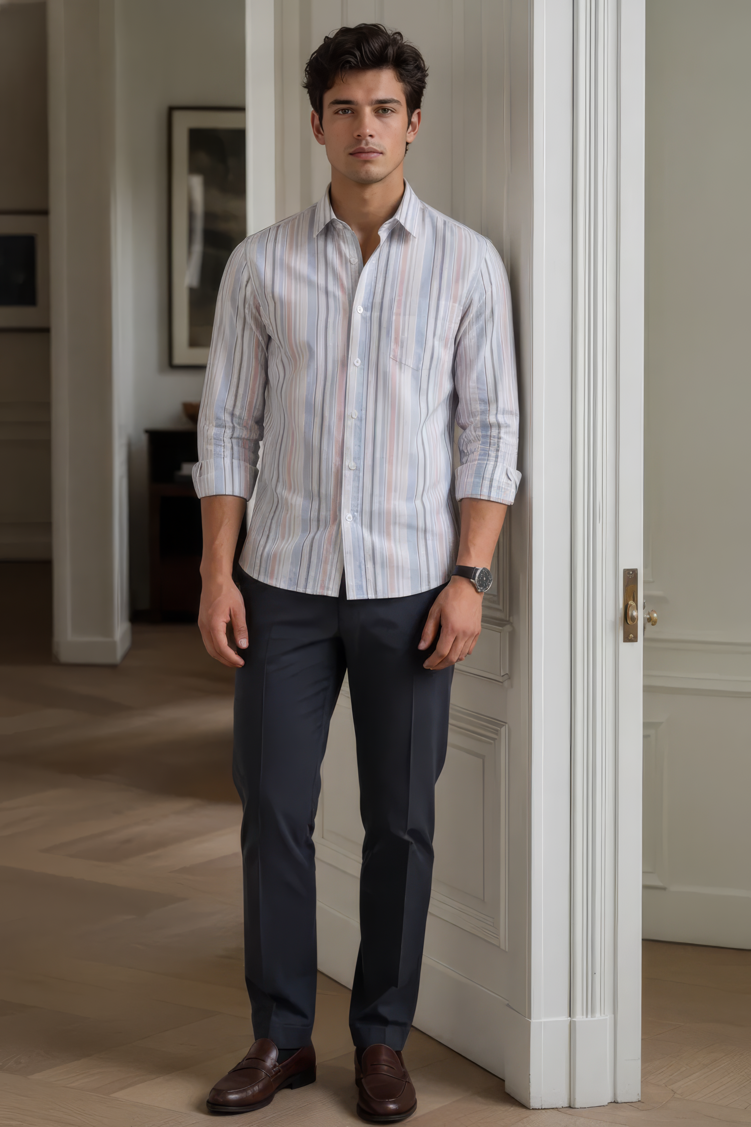 Men’s Sky Blue Vertical Striped Oxford Shirt