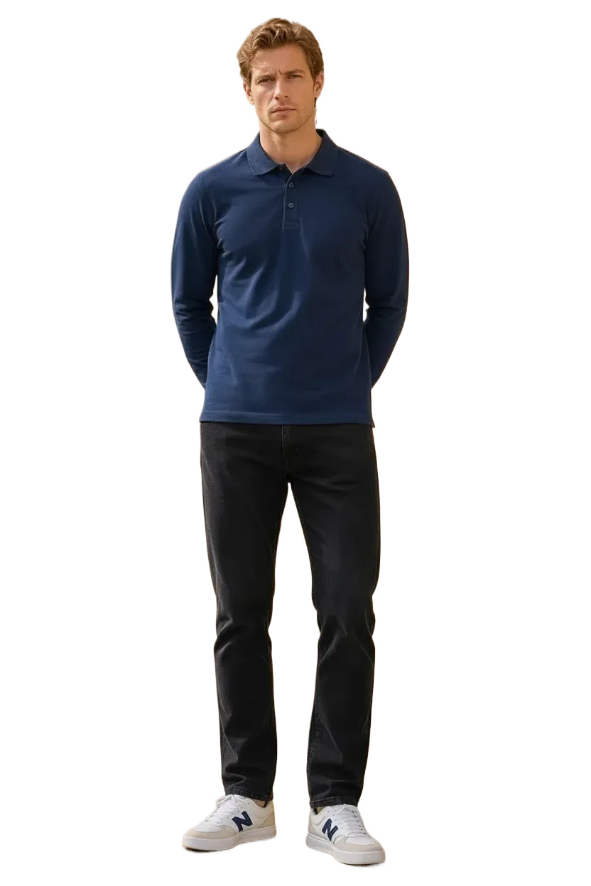 Men’s Navy Pique Lycra Polo Neck Full-Sleeve Winter T-Shirt