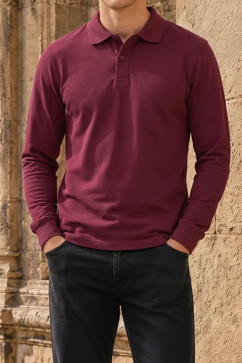Men’s Merlot Pique Lycra Polo Neck Full-Sleeve Winter T-Shirt