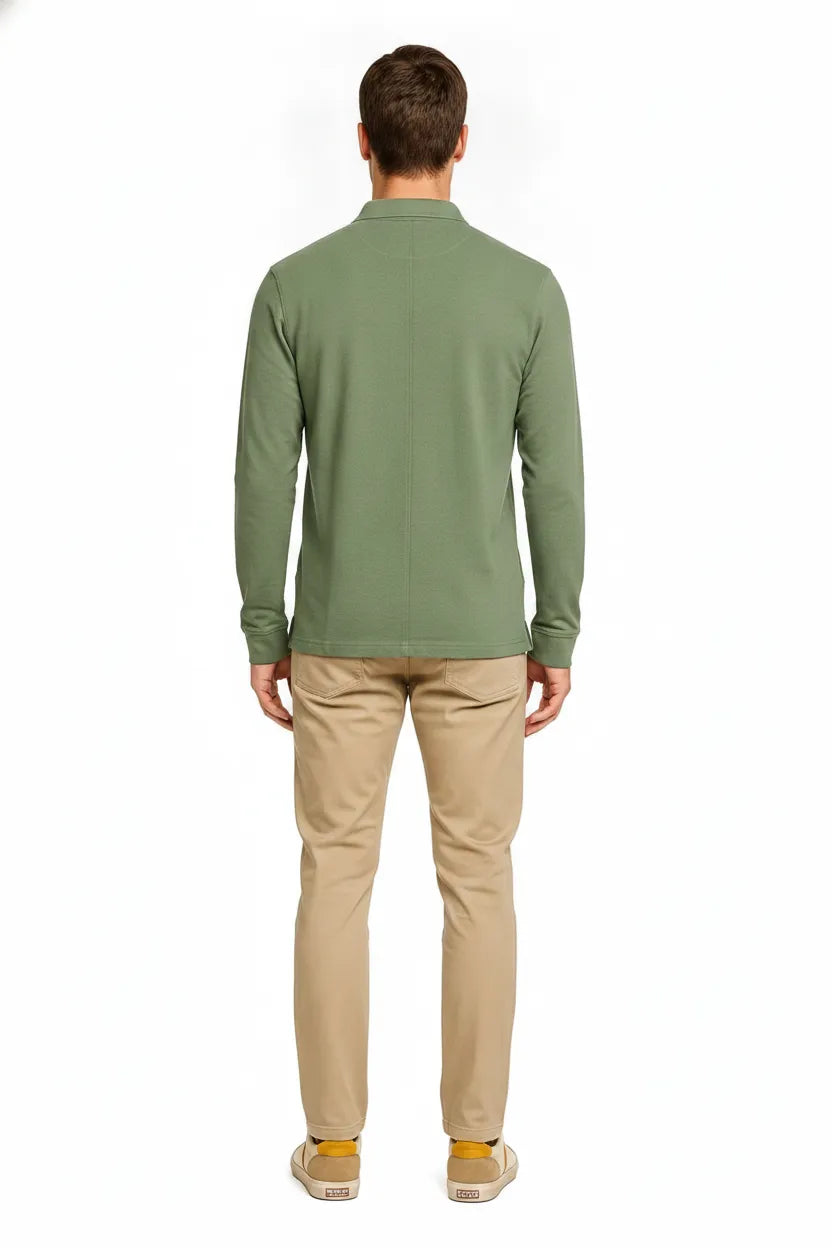 Men's Oil Green Full Sleeve Cotton Pique Polo T-Shirt | Premium Pre-Winter Casual Polo