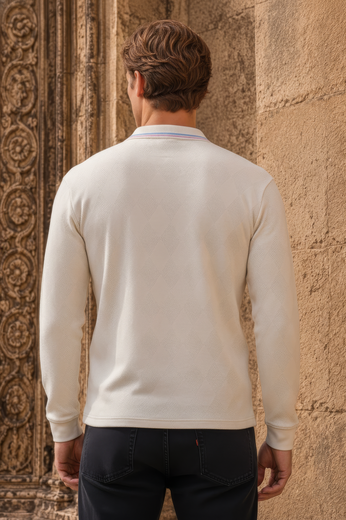 Men’s Off-White Cotton Blend Lycra Jacquard Half-Zip T-Shirt |