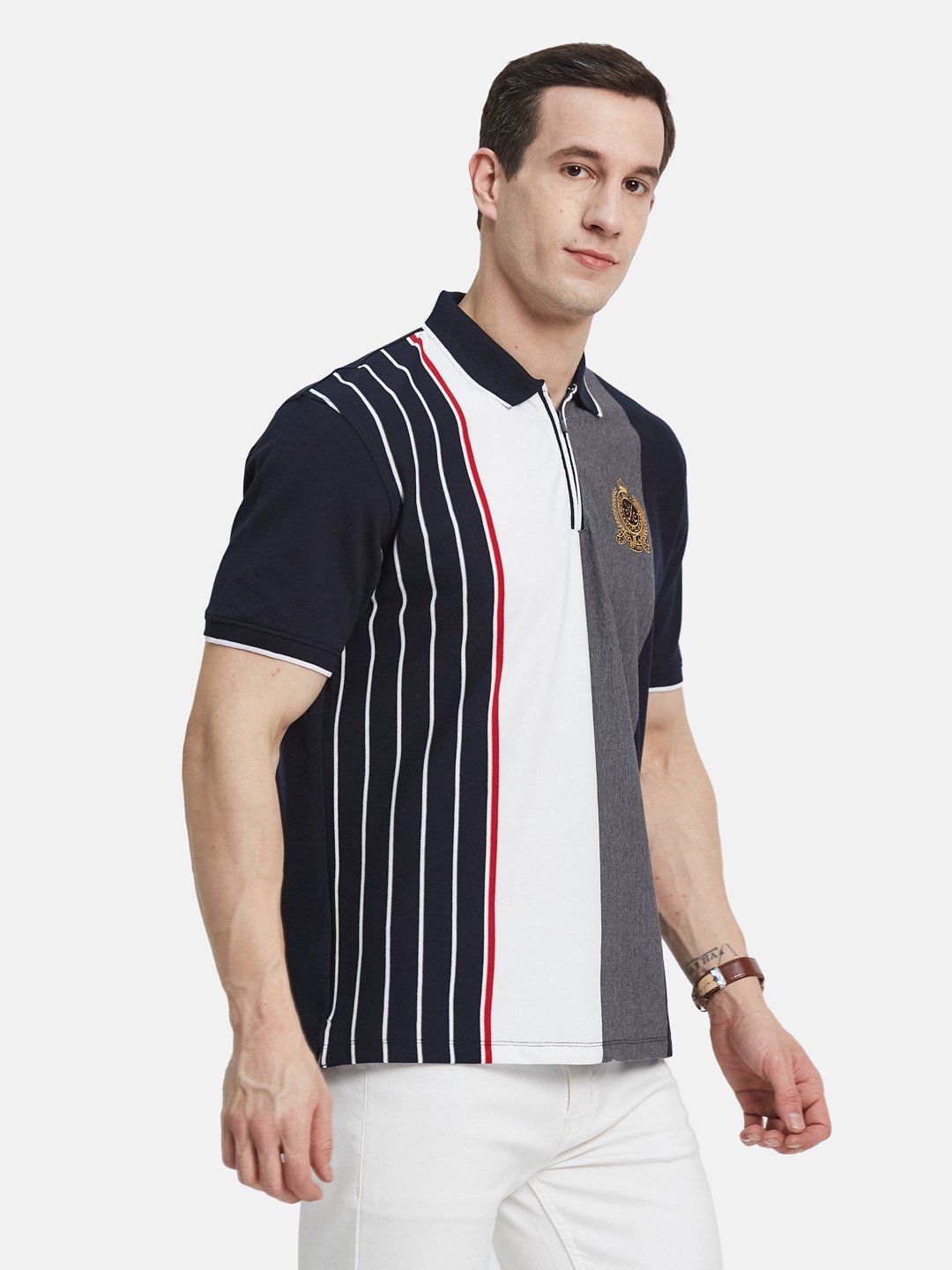 VERTICAL STRIPE HALF-ZIP POLO NECK PIQUE LYCRA T-SHIRT