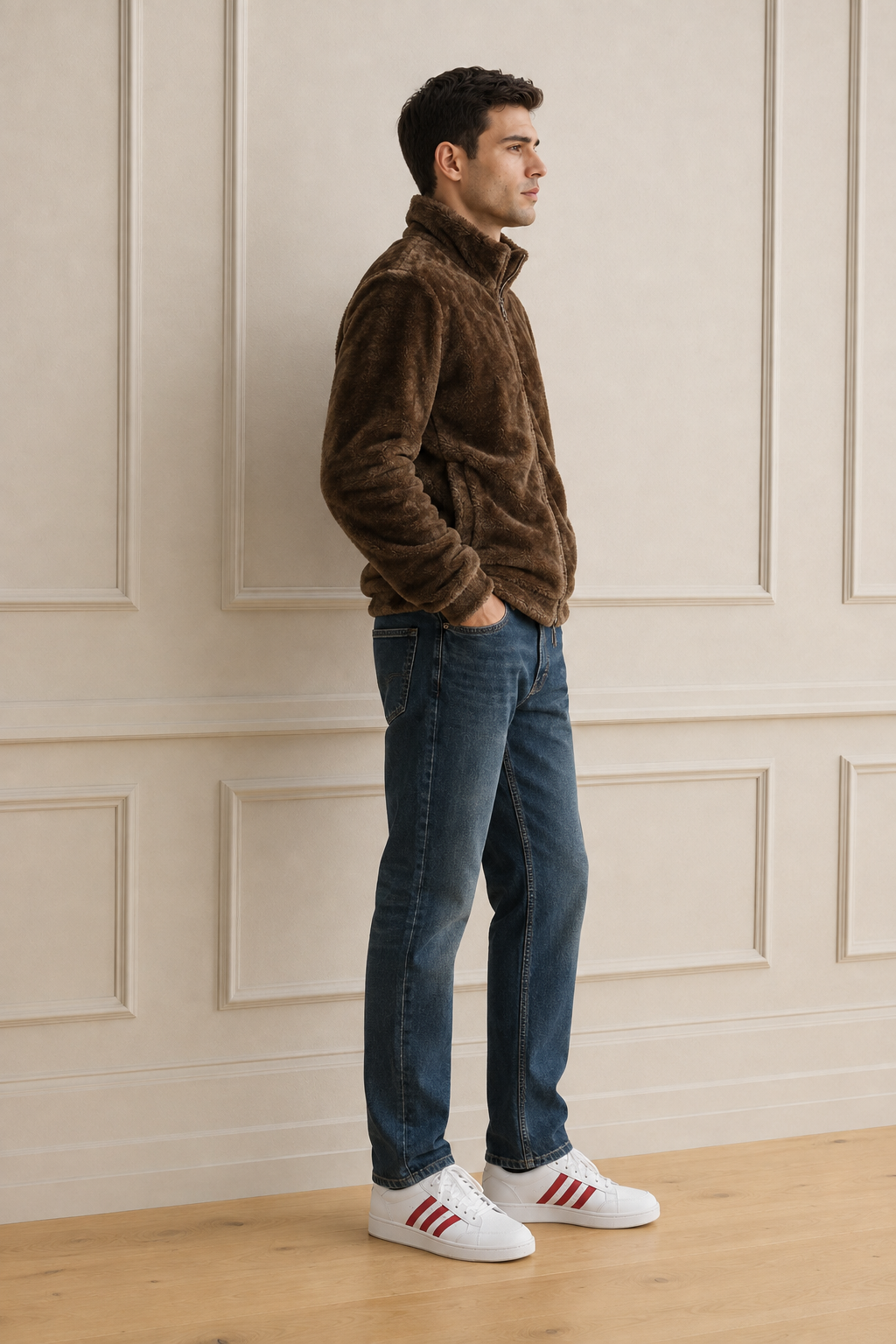 Men’s Tan Fur Full-Zip Winter Sweatshirt | Stand Collar