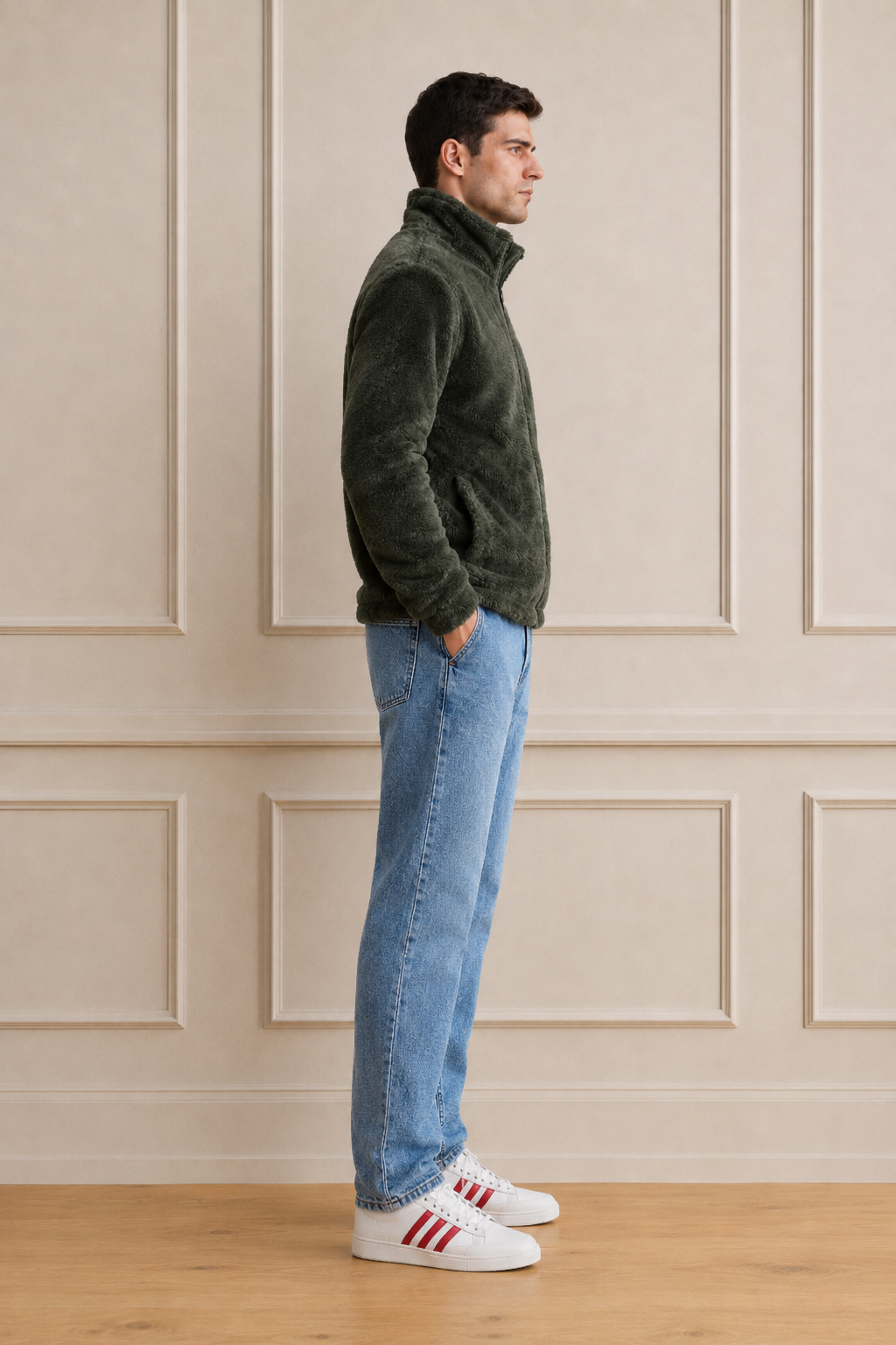 Men’s Olive Fur Full-Zip Winter Sweatshirt | Stand Collar