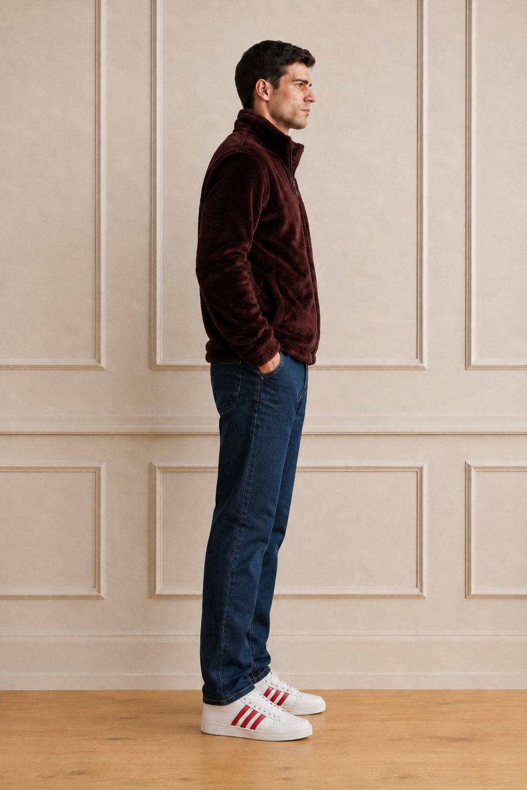 Men’s Espresso Fur Full-Zip Winter Sweatshirt | Stand Collar