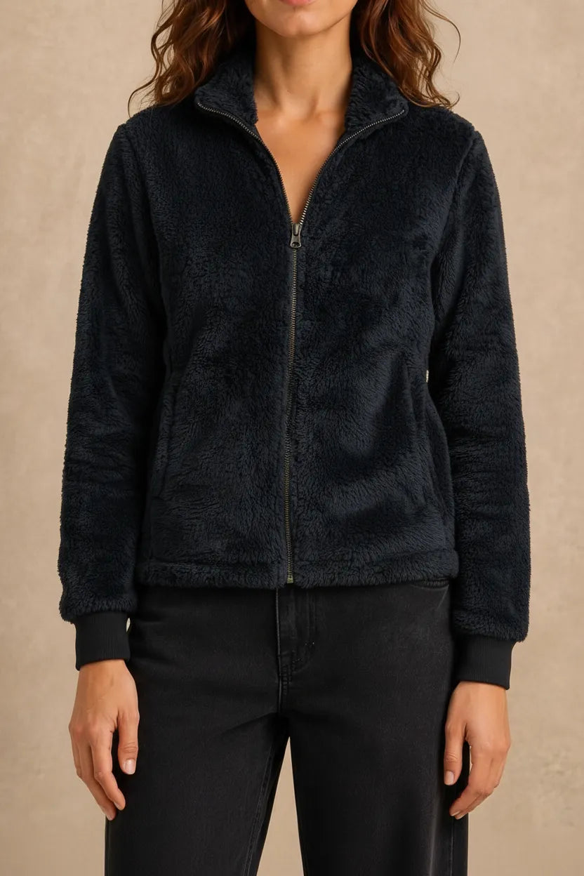 Women Black Double Sided Coral Fur Full Zip | Soft Winter Sweatshirt