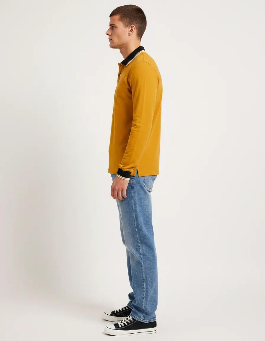 Men’s Mustard Full Sleeve Polo T-Shirt – Cotton Blend Lycra Stretch  | Contrast Collar
