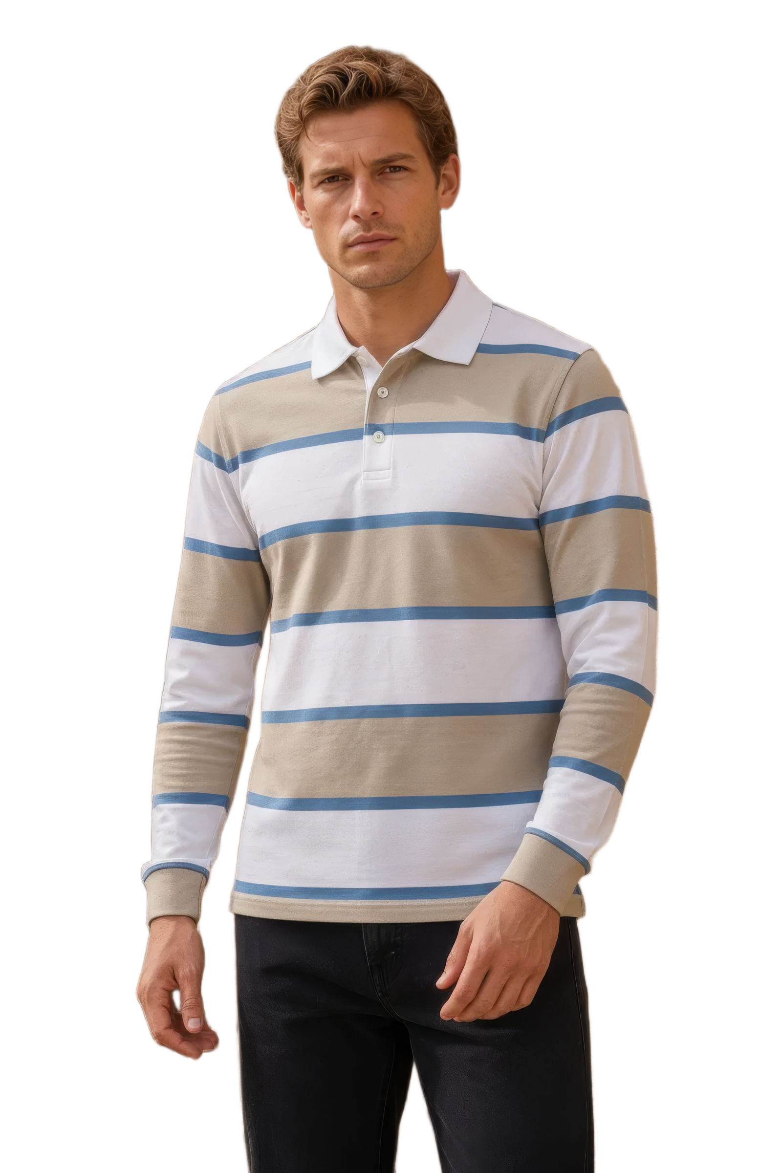 Men’s Stone Rugby Stripe Full Sleeve Polo T-Shirt | Cotton Blended Seersucker Fabric