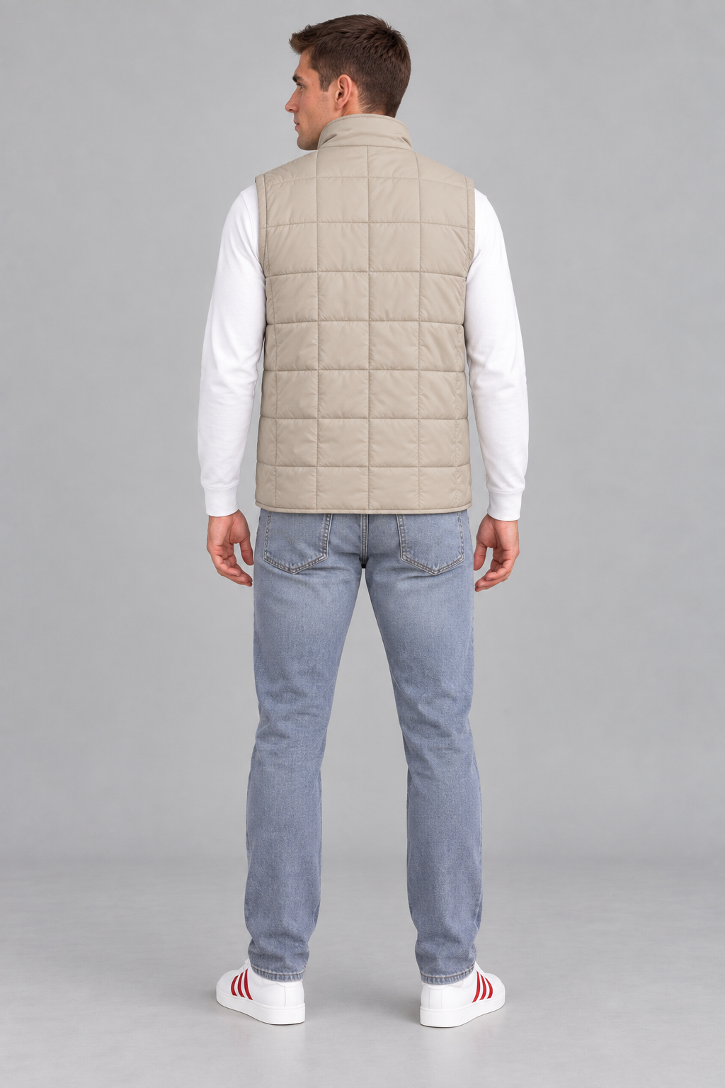 Men’s Beige Lightweight Reversible Woven Puffer Gilet – Regular Fit Sleeveless Jacket