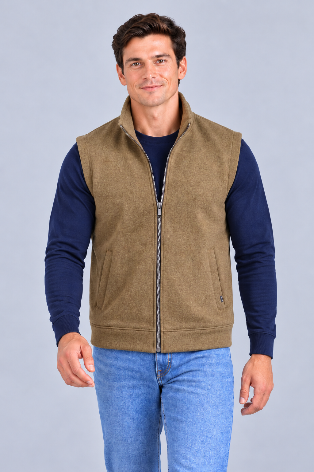 Men’s Brown Melange German Velvet Knitted Gilet – Regular Fit Full Zip Sleeveless Jacket