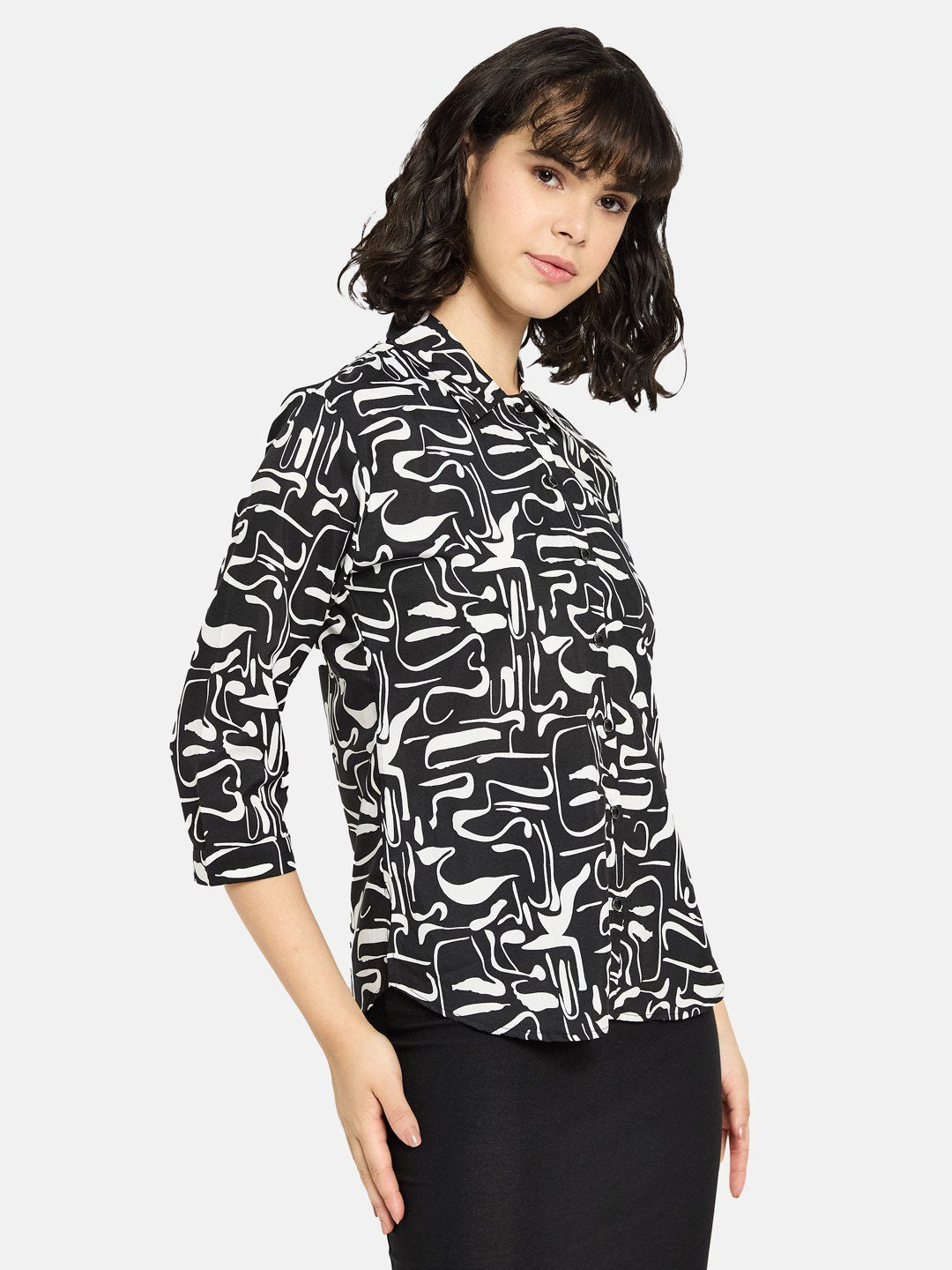 METTLE Women Black Abstract Printed Spread Collar Cotton Casual Shirt