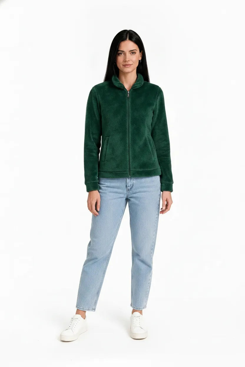 Women Hunter Green Double Sided Coral Fur Full Zip | Soft Winter Sweatshirt