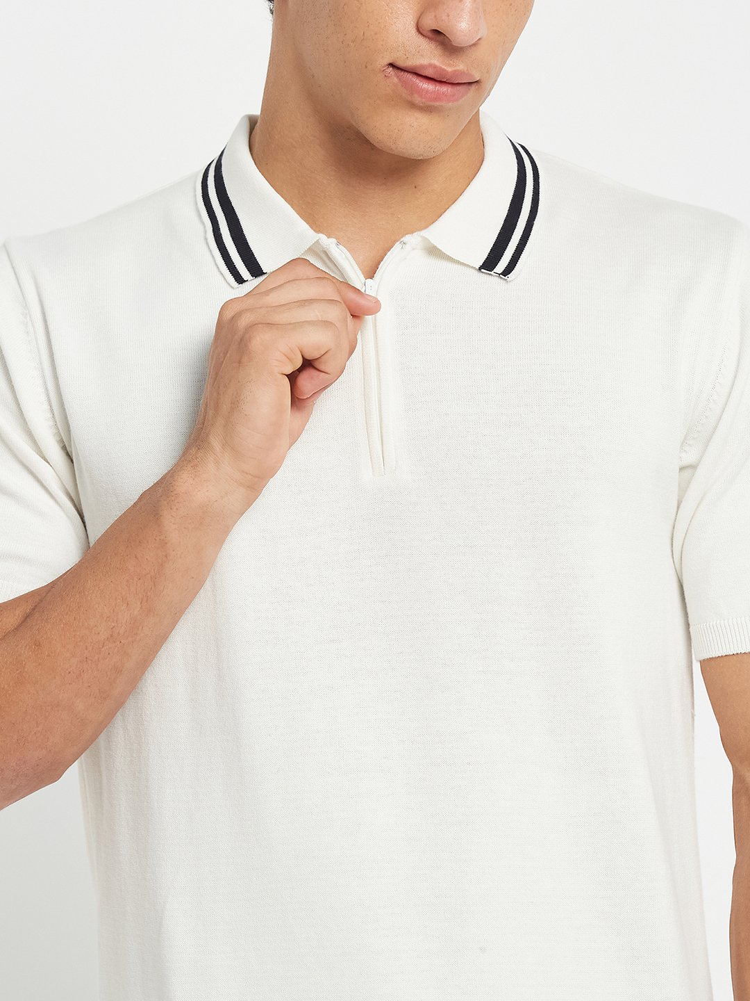 Octave Men White Polo Collar Short Sleeves Cotton T-shirt