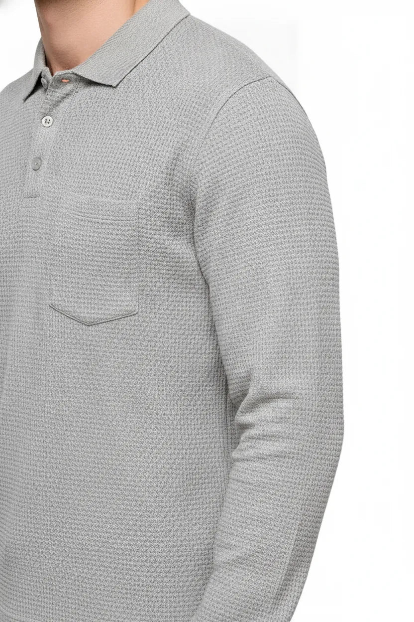 Men's Espresso Brown Structured Cotton Full Sleeve Polo T-Shirt | Waffle Textured Pre-Winter