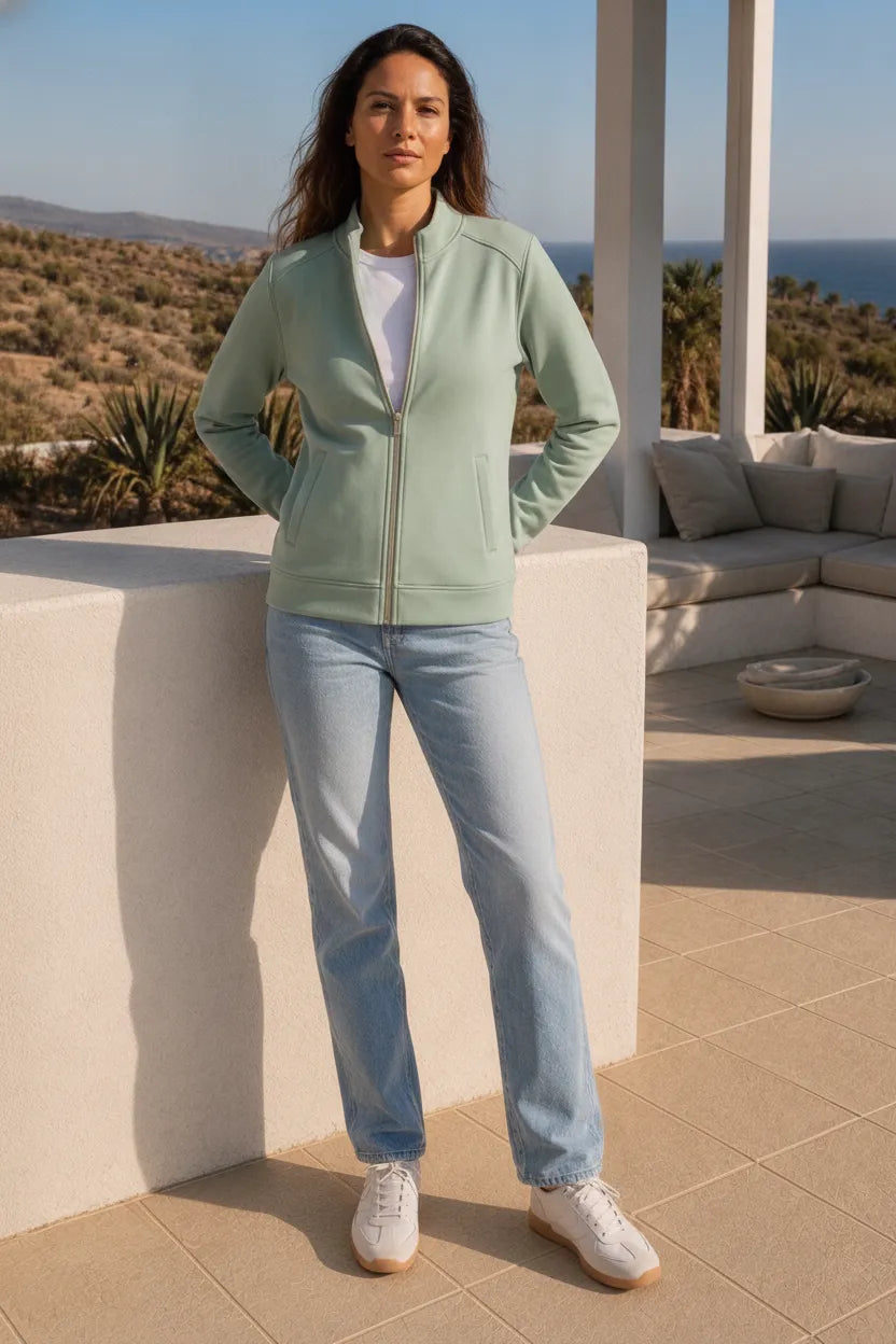 Women Desert Sage Cotton Blended German Velvet Full Zip | Standing Collar Winter Sweatshirt