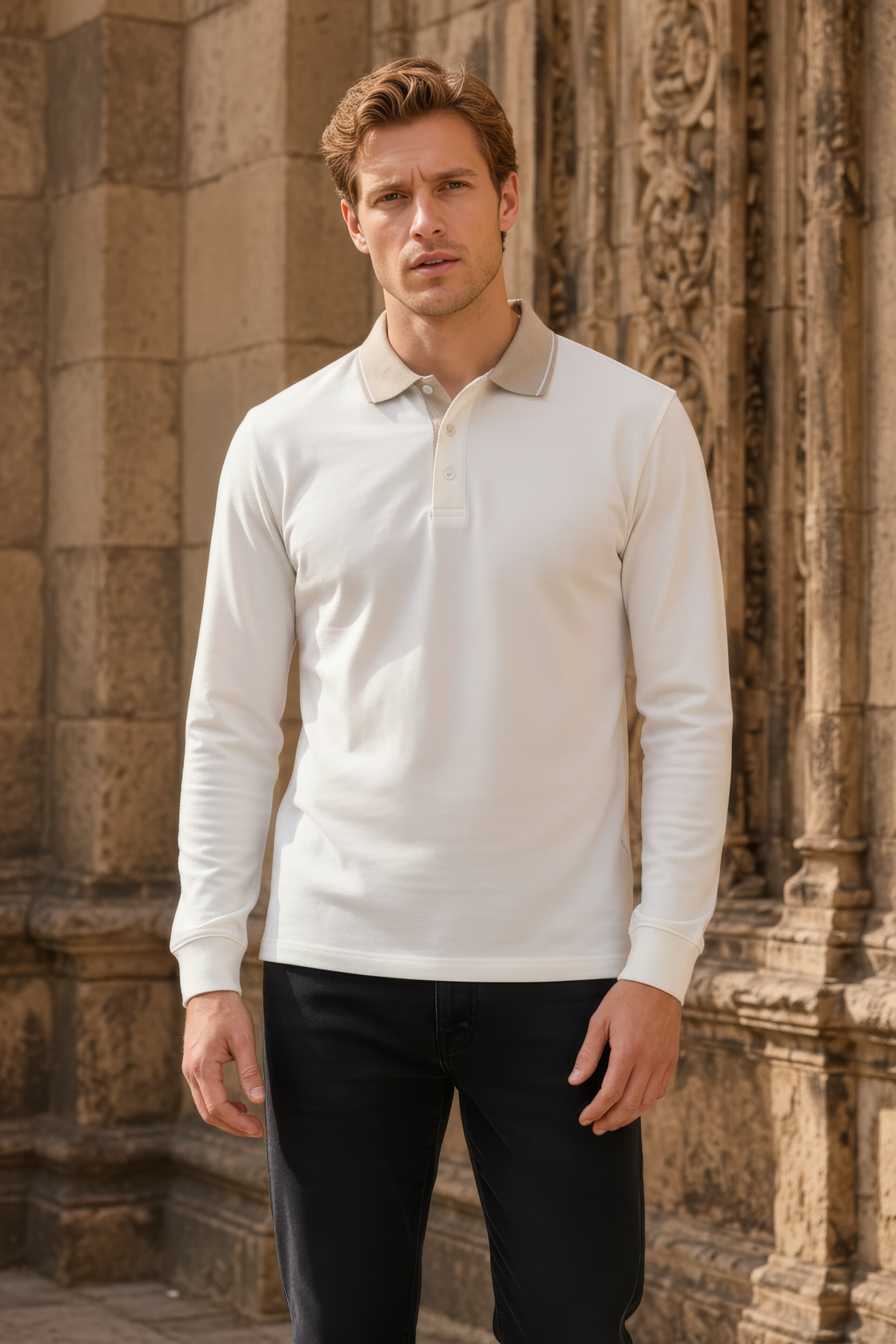 Men’s OFF WHITE  Full Sleeve Polo T-Shirt – Cotton Blend Lycra Stretch  | Contrast Collar