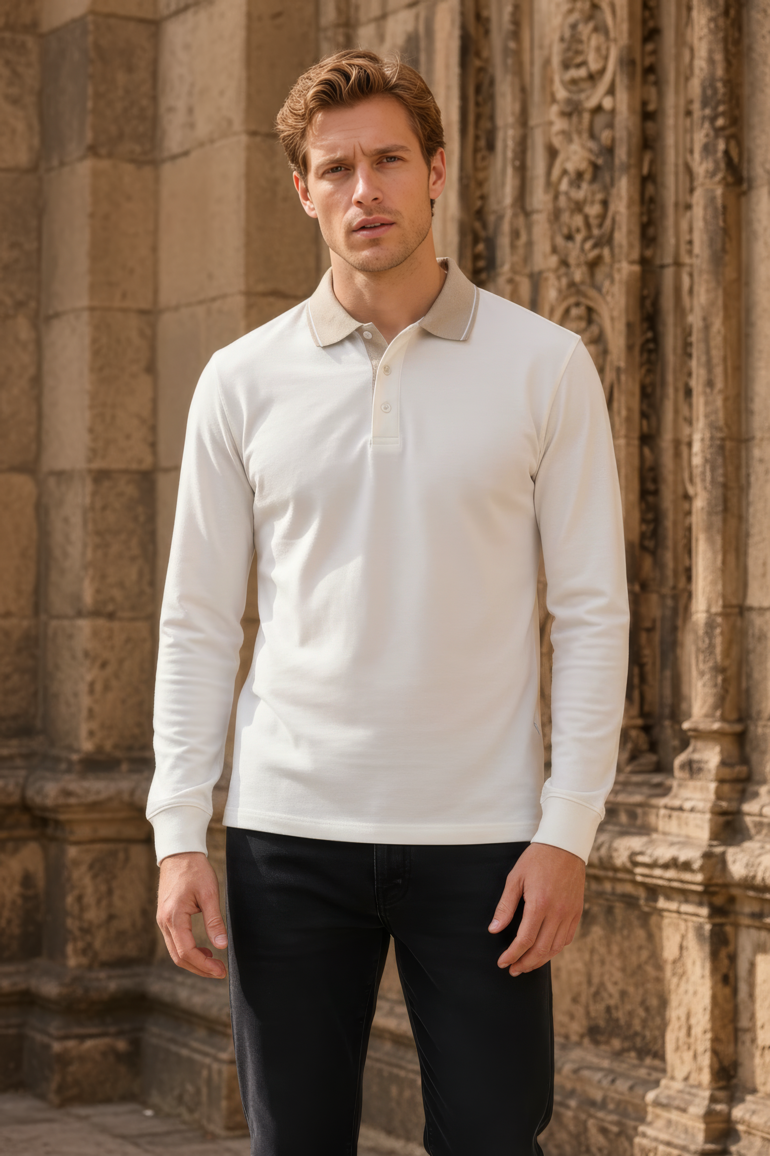 Men’s OFF WHITE  Full Sleeve Polo T-Shirt – Cotton Blend Lycra Stretch  | Contrast Collar