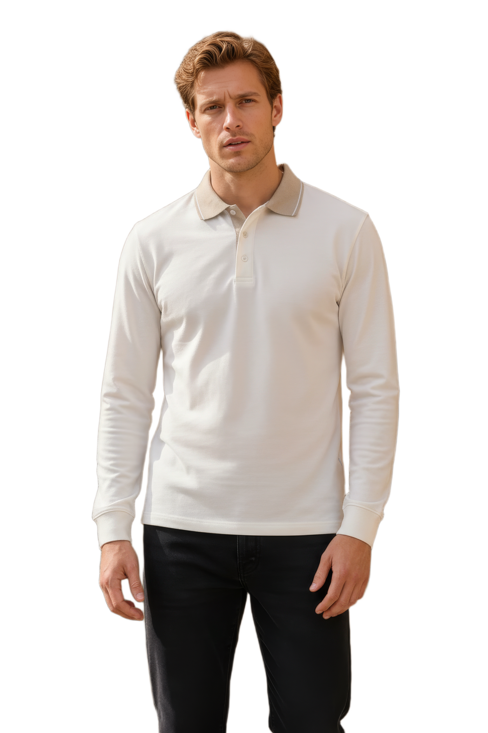 Men’s OFF WHITE  Full Sleeve Polo T-Shirt – Cotton Blend Lycra Stretch  | Contrast Collar