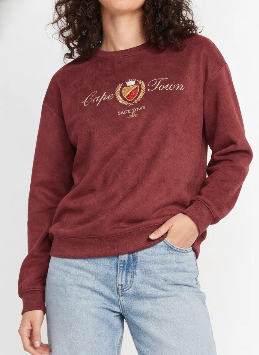 Women’s Wine Knitted Suede Round-Neck Sweatshirt with Cape Town Chest Graphic
