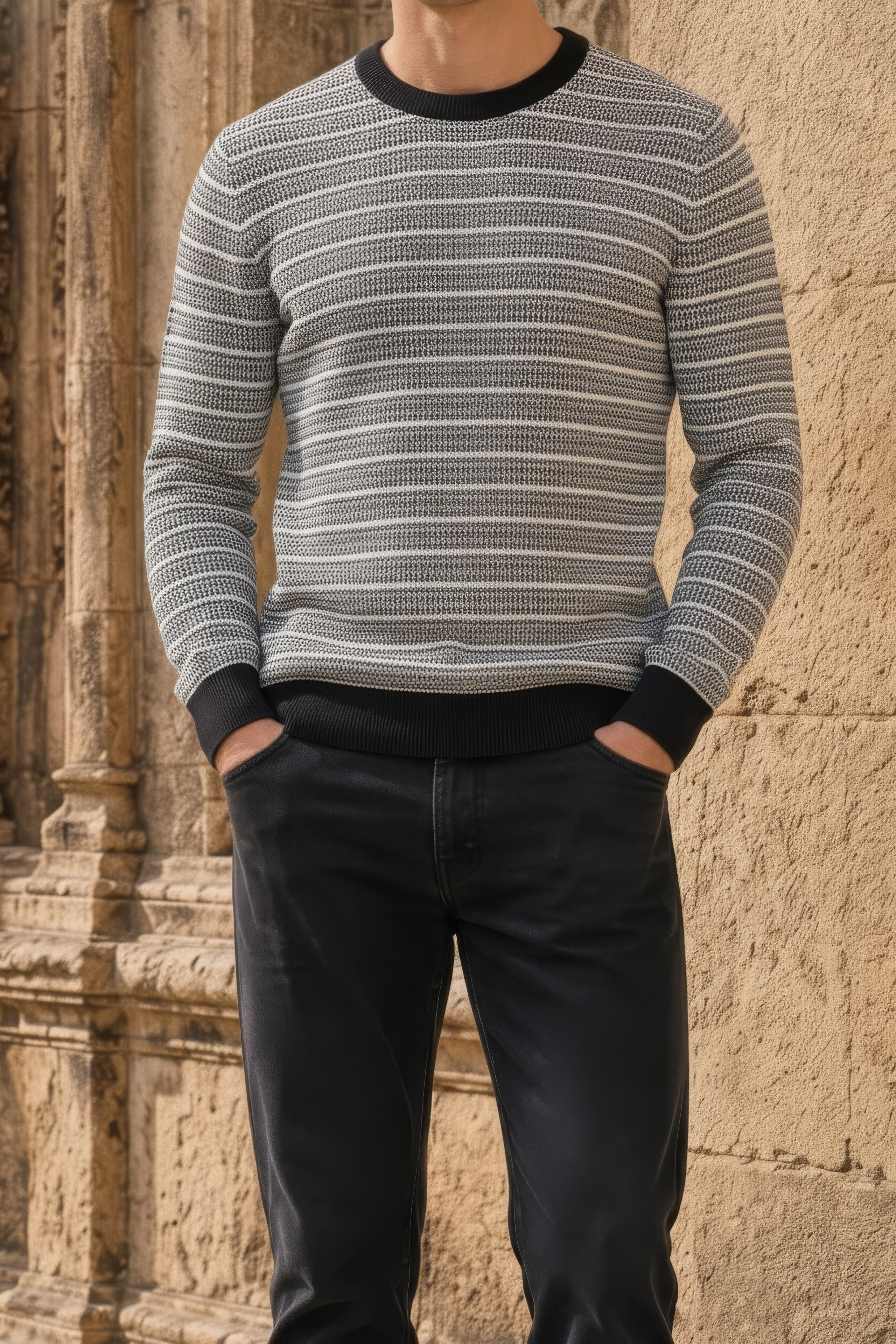 Men’s Dark Navy Jacquard Cotton Round-Neck Full-Sleeve Winter Sweater