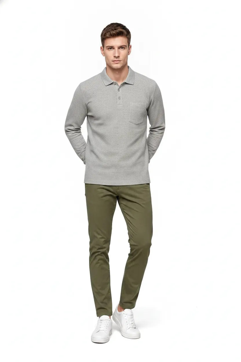 Men's Espresso Brown Structured Cotton Full Sleeve Polo T-Shirt | Waffle Textured Pre-Winter