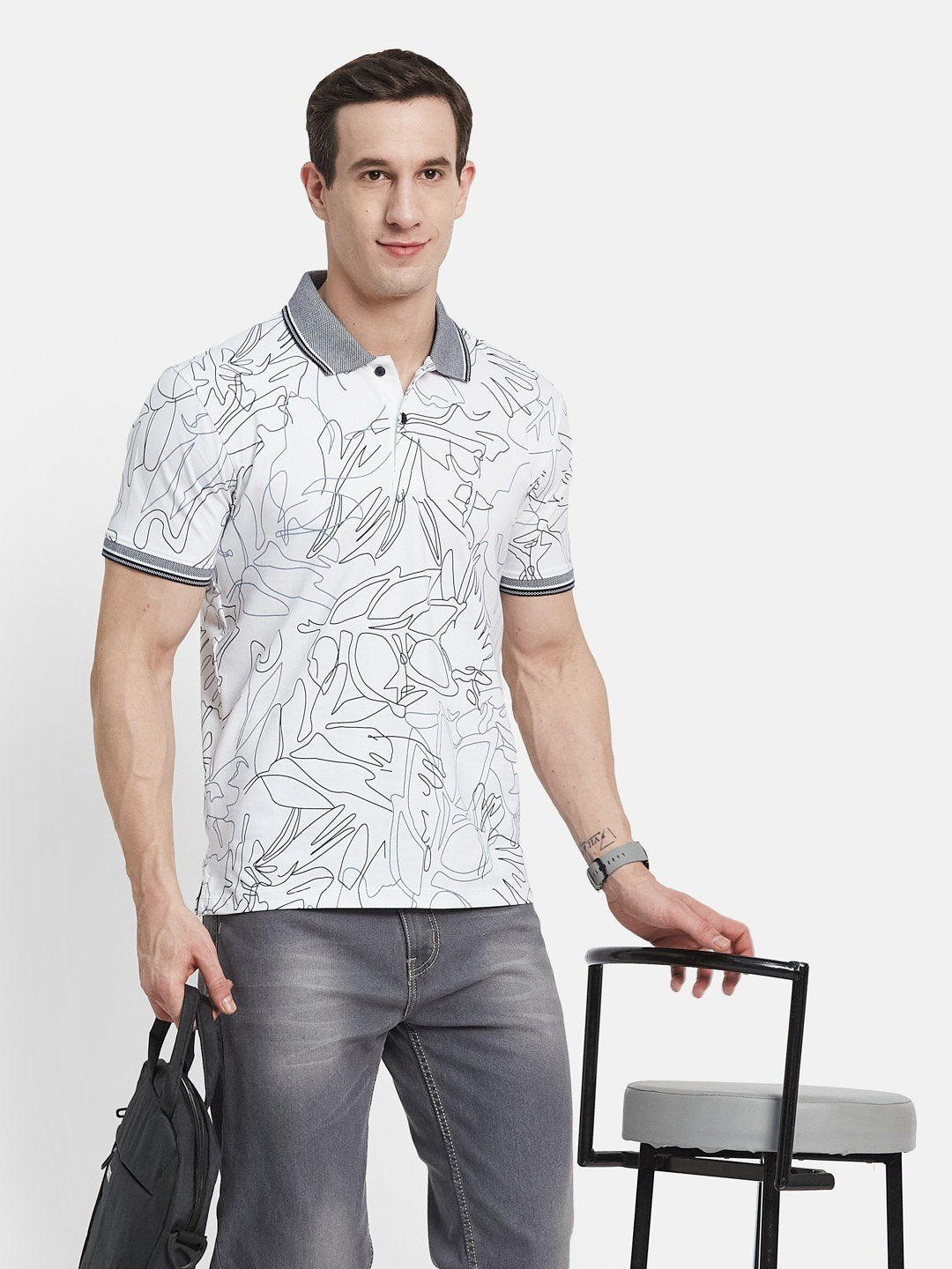 AOP FLORAL PRINT POLO NECK SINGLE JERSEY KNIT LYCRA T-SHIRT