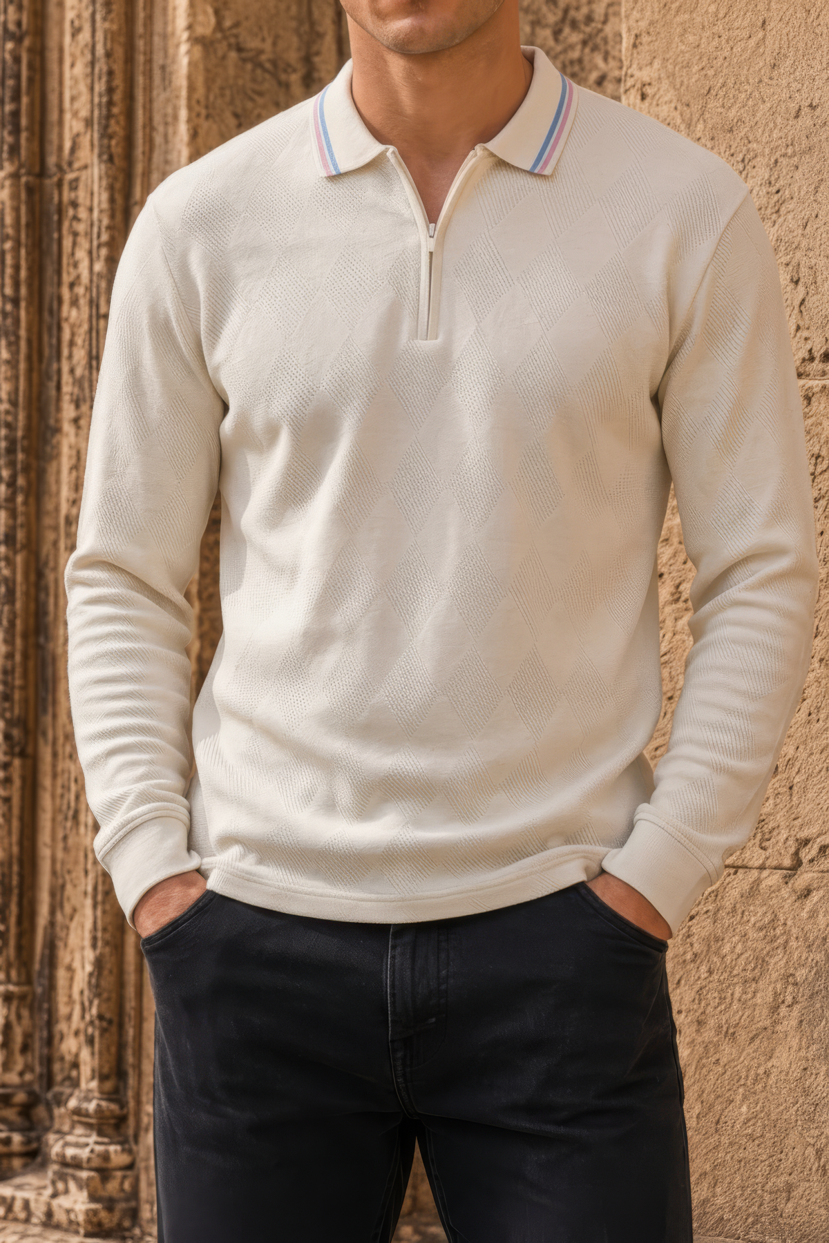 Men’s Off-White Cotton Blend Lycra Jacquard Half-Zip T-Shirt |
