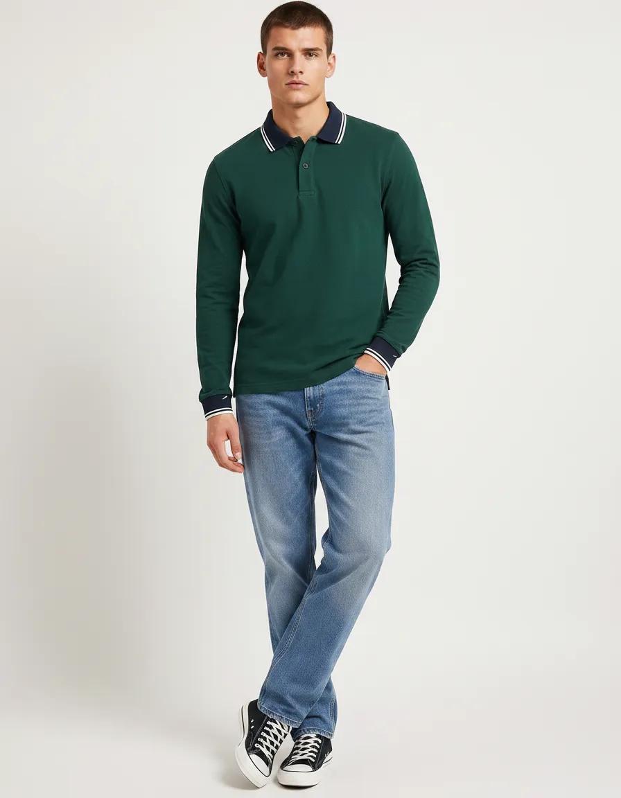 Men’s Bottle Green Full Sleeve Polo T-Shirt | Cotton Blend Lycra Stretch