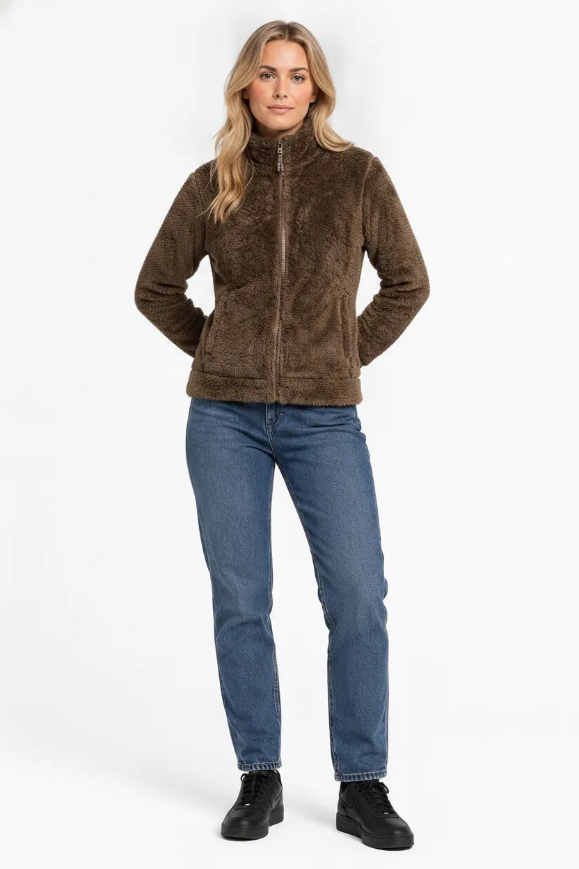 Women Tan Double Sided Coral Fur Full Zip | Soft Winter Sweatshirt