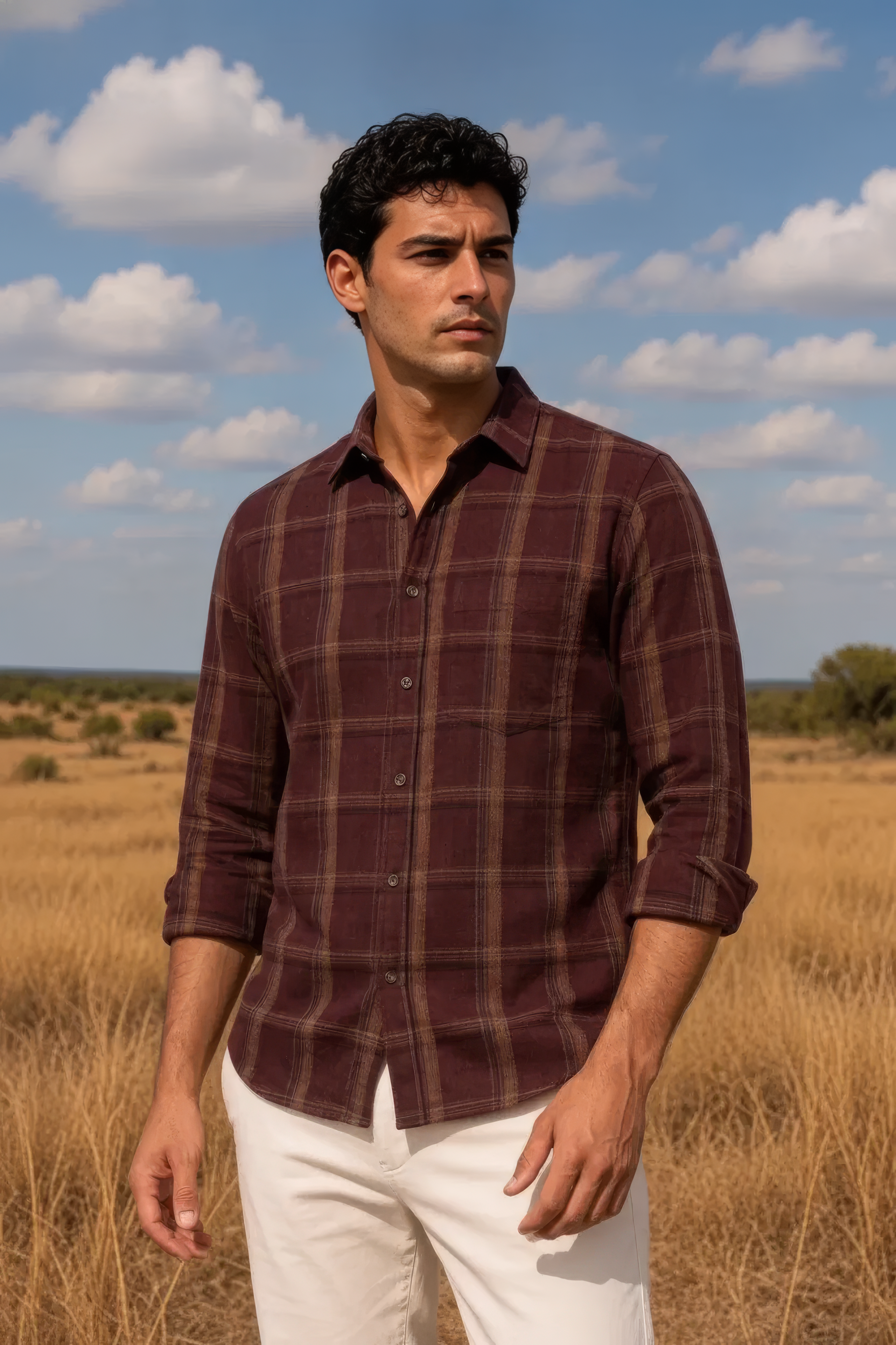 Men’s Coffee Check Cotton Corduroy Full Sleeve Shirt