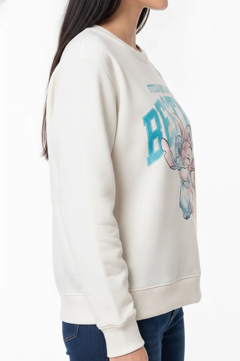 Disney Stitch & Angel 'Besties' Graphic Sweatshirt - Off-White Cotton Fleece