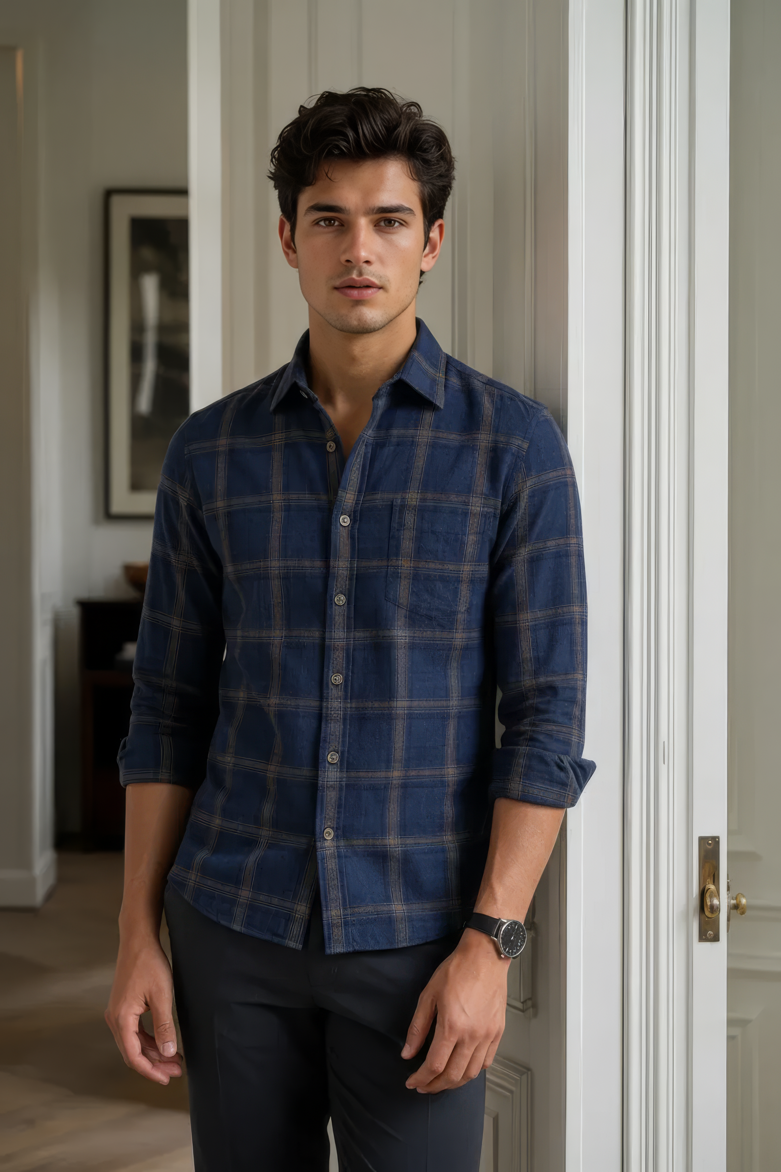 Men’s Navy Check Corduroy Cotton Full-Sleeve Shirt