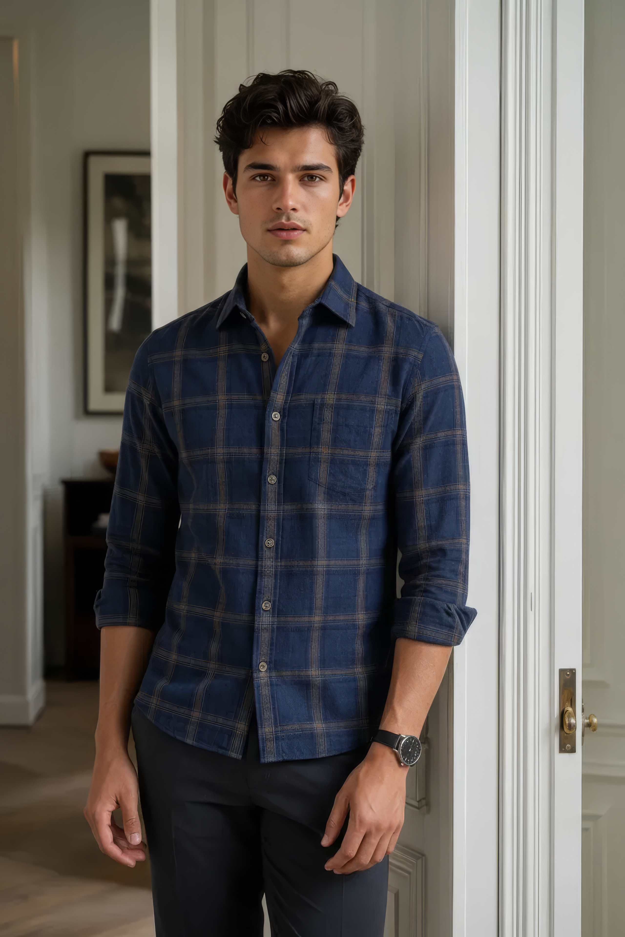Men’s Navy Check Corduroy Cotton Full-Sleeve Shirt