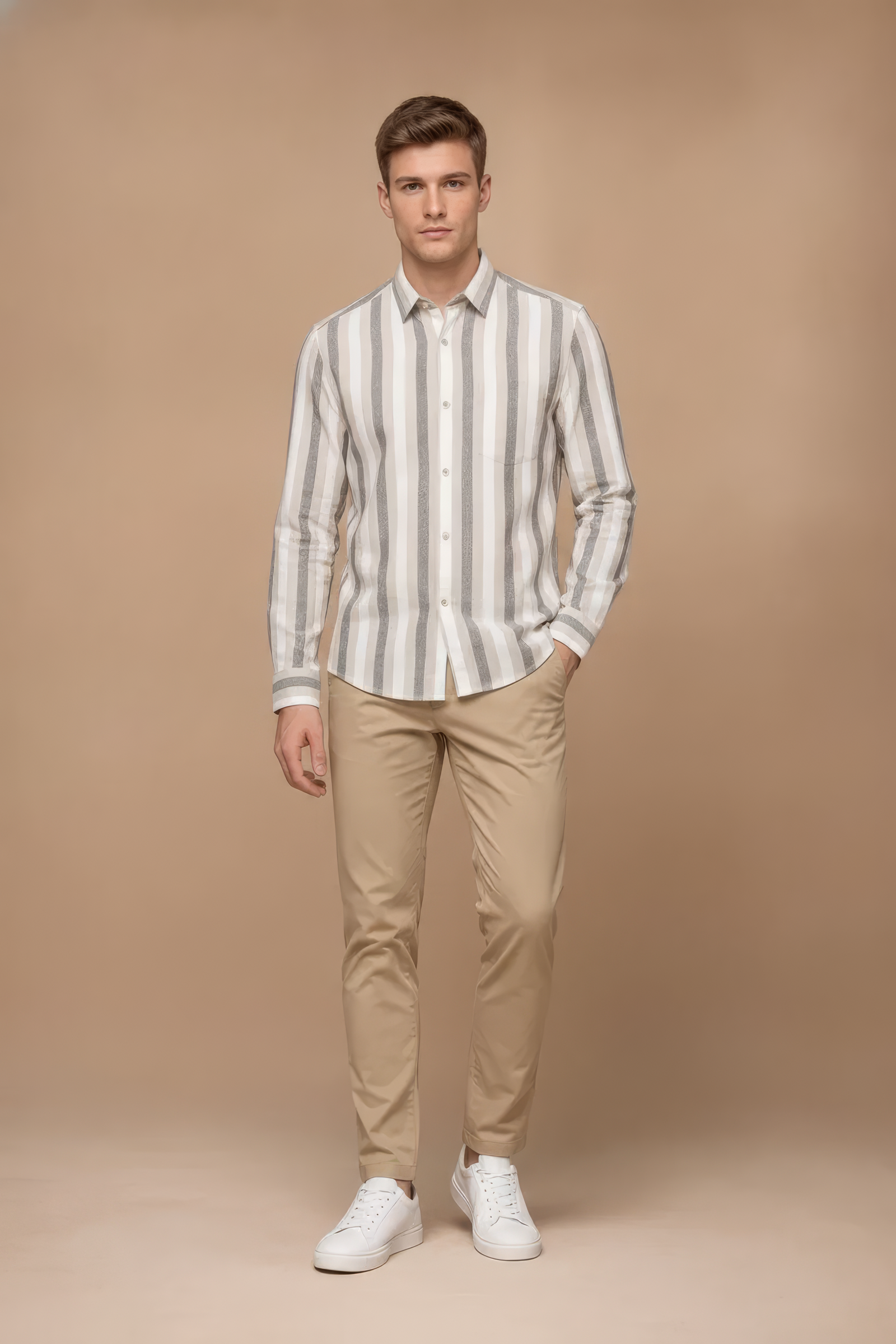Men’s Natural Blue Striped Twill Cotton Shirt