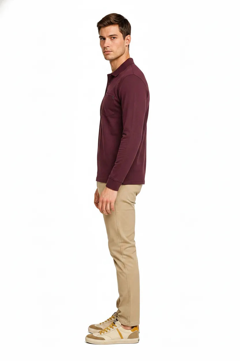Men's Wine Full Sleeve Cotton Pique Polo T-Shirt | Premium Pre-Winter Casual Polo