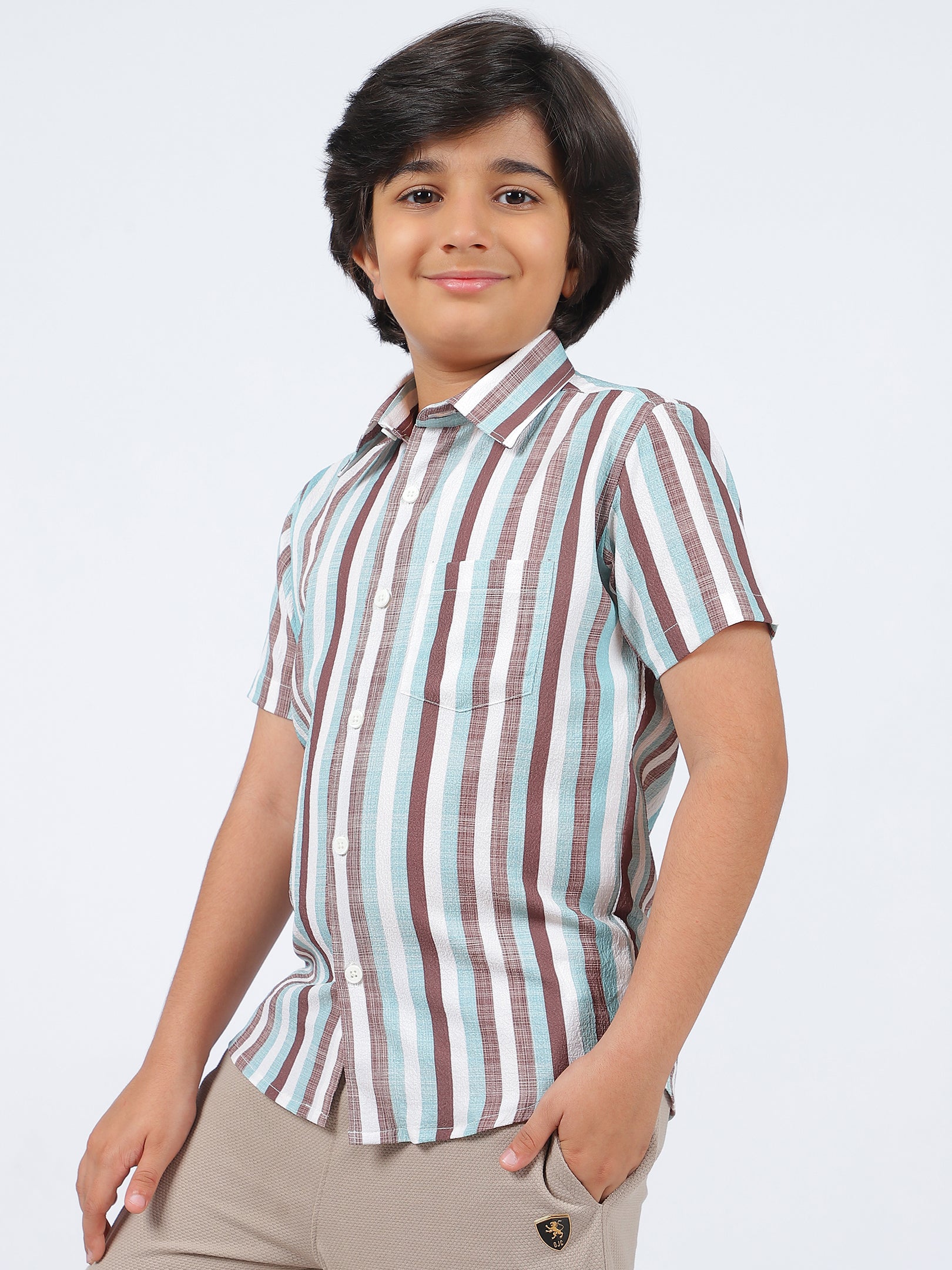 Octave Boys Multi Stripes Striped Spread Collar Short Sleeves Cotton Shirt