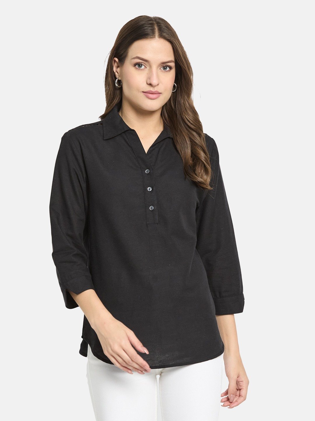 METTLE Women Black Cotton Shirt Collar Top