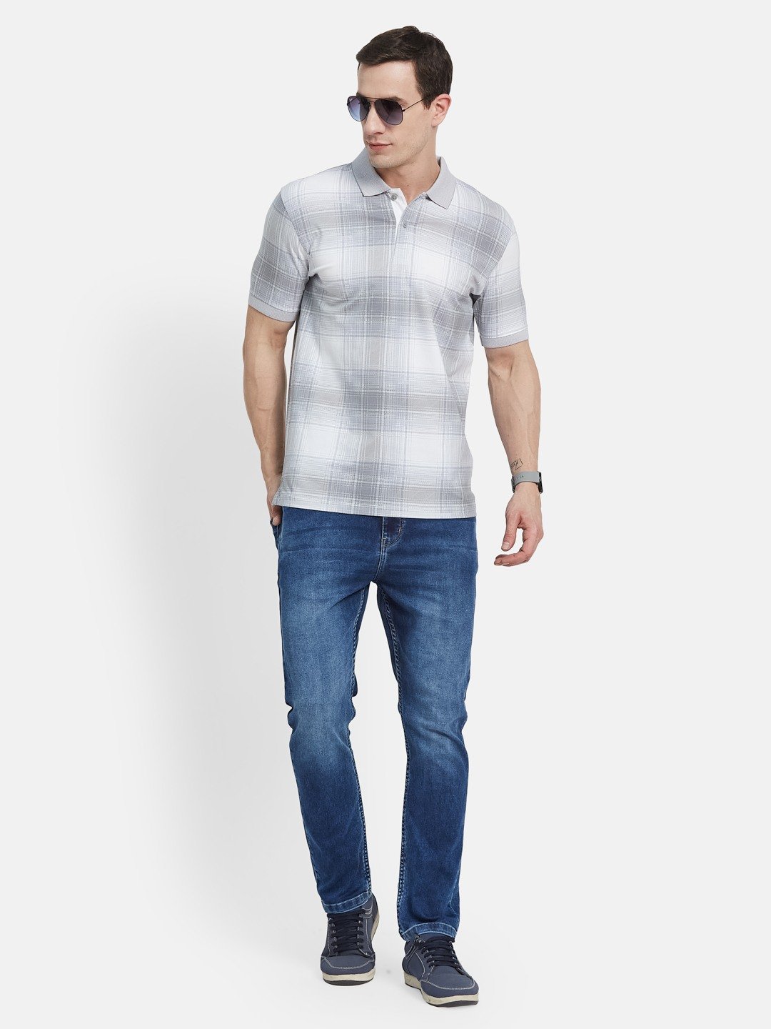 AOP CHECK PRINT POLO NECK SINGLE JERSEY KNIT T-SHIRT