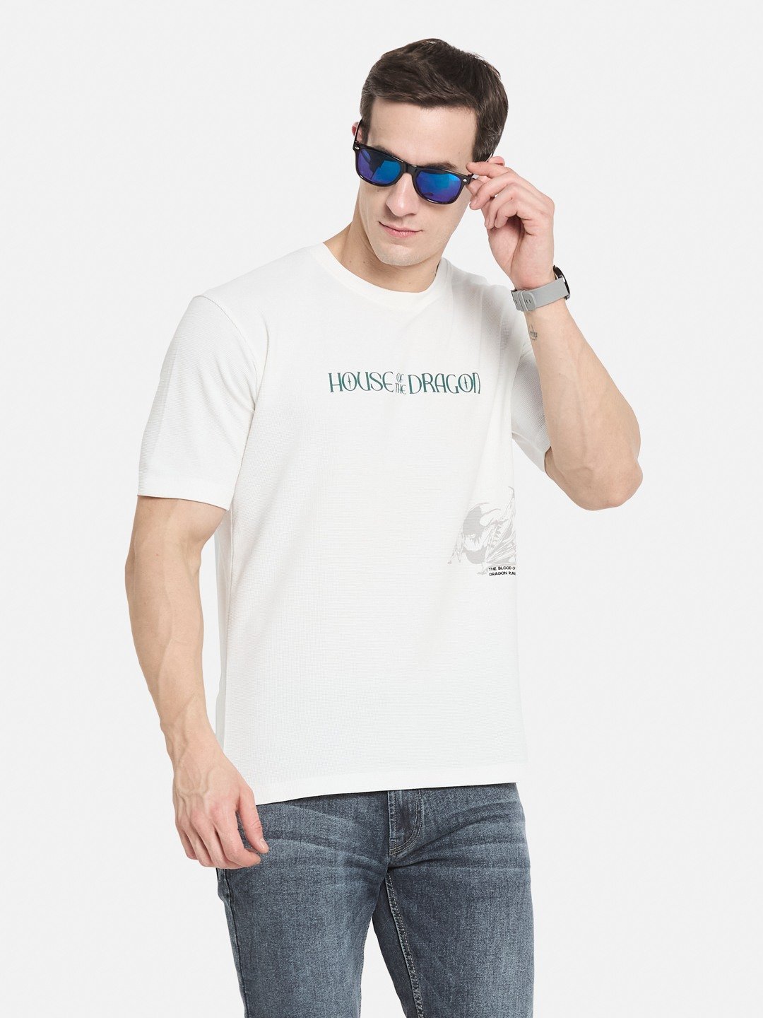 OVERSIZED WARNER BROTHERS BACK PRINT ROUND NECK WAFFLE KNIT T-SHIRT