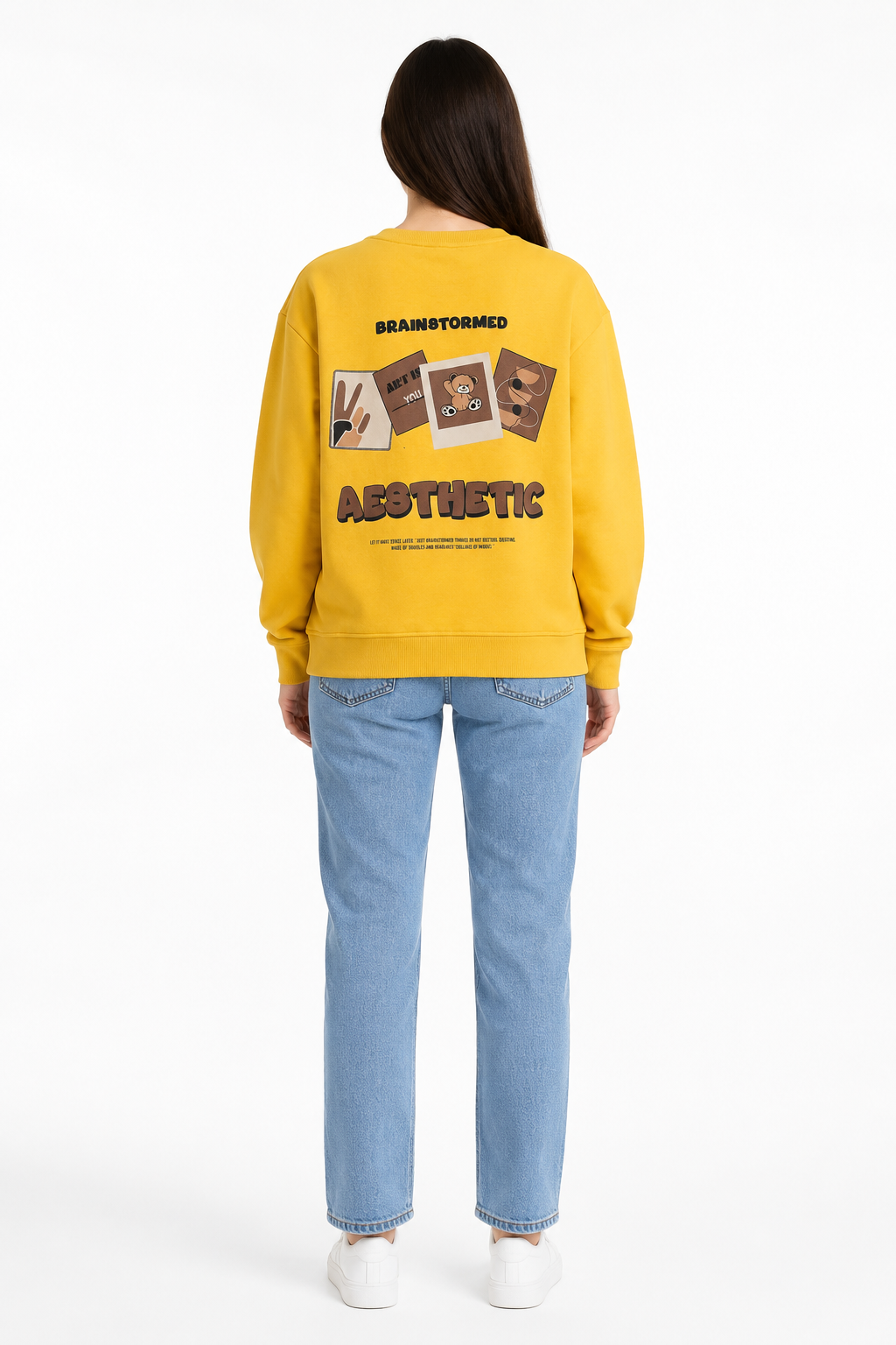 Mustard Yellow Cotton Fleece Sweatshirt - Aesthetic Brainstormed Graphic Pullover