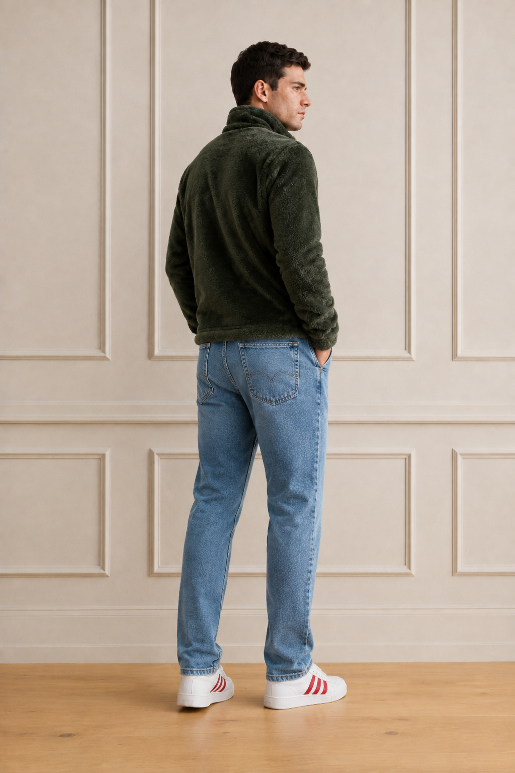 Men’s Olive Fur Full-Zip Winter Sweatshirt | Stand Collar