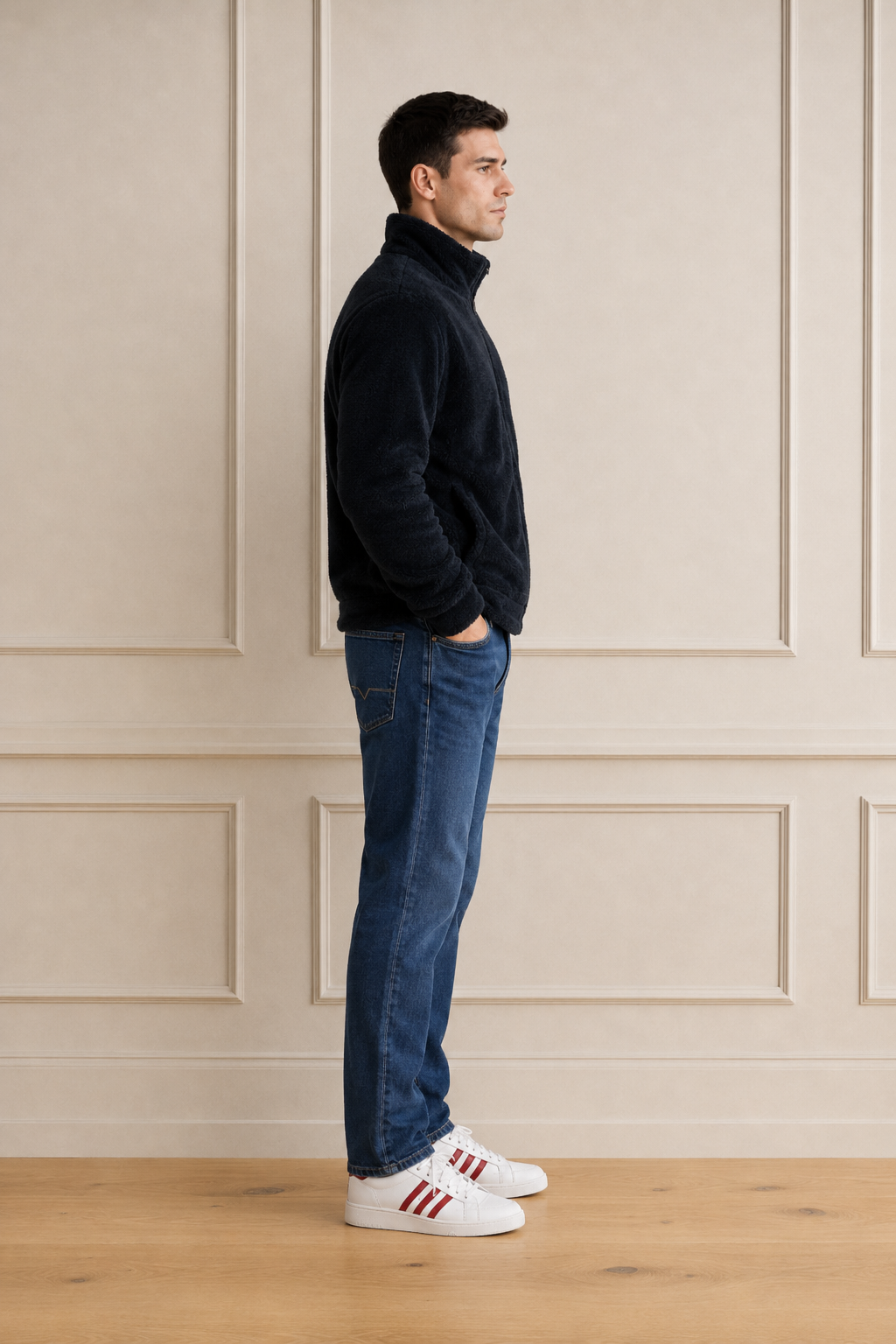 Men’s Black Fur Full-Zip Winter Sweatshirt | Stand Collar