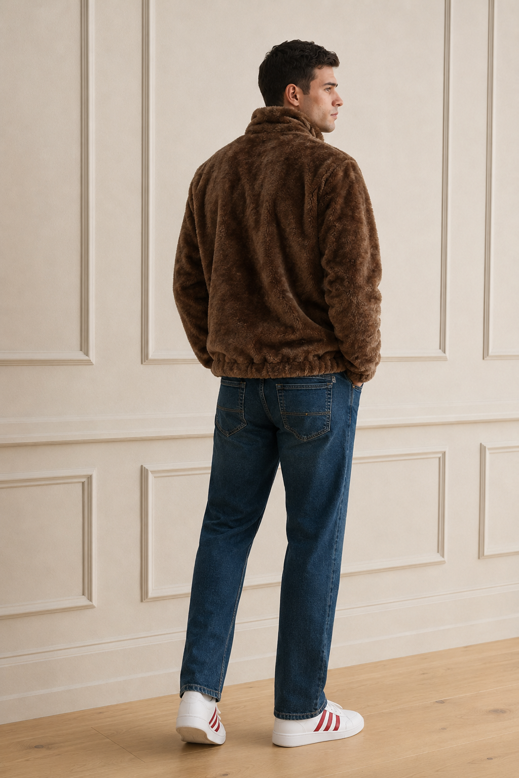Men’s Tan Fur Full-Zip Winter Sweatshirt | Stand Collar