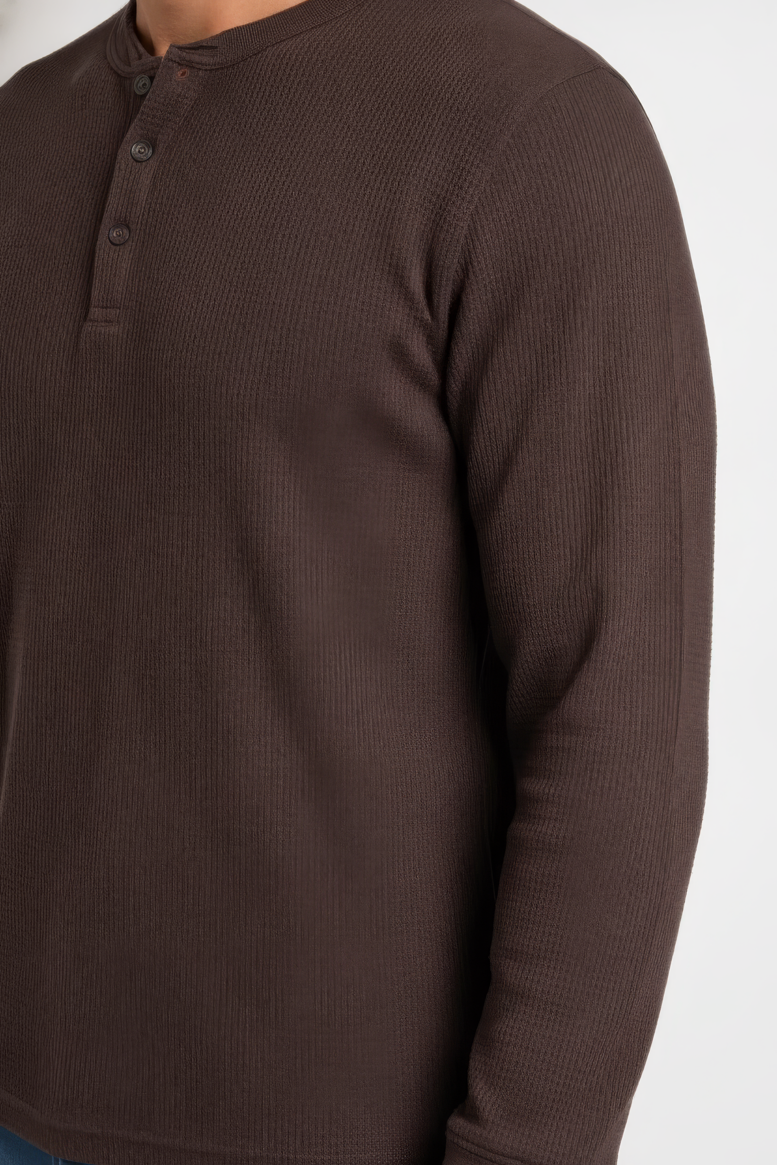 Men’s Coffee Cotton Blended Seersucker Full Sleeve Mandarin Collar T-Shirt