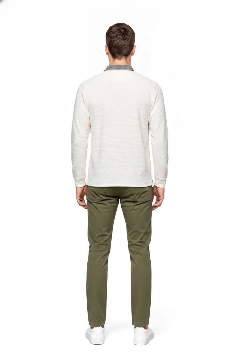 Men's Off White Structured Cotton Half-Zip Polo T-Shirt | Full Sleeve Textured Pre-Winter